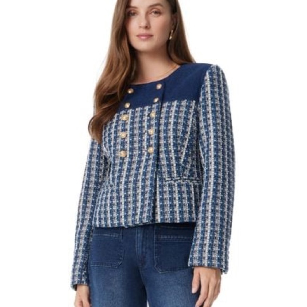 Sam Edelman Blue Tweed Fiona Double Breasted Collarless Blazer Size Medium